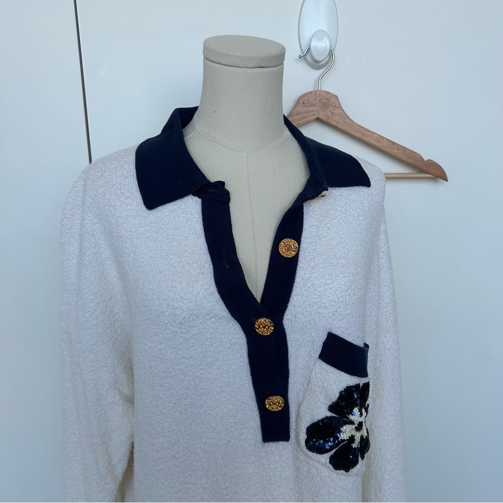 Vintage Escada White & Navy Terry Sequin Collar Button Up Long Sleeve Polo - Picture 5 of 16